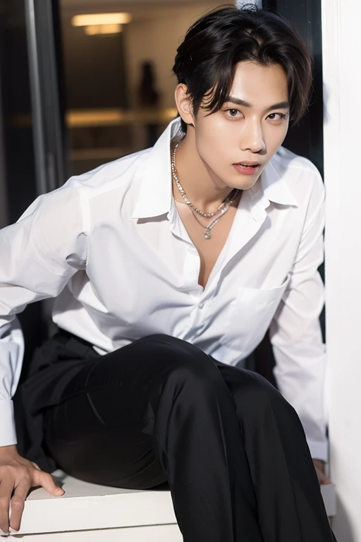 8k RAW photo, High resolution, 48 years old Korean, Dandy,Very muscular chest, Black suit, White dress shirt , Very thin mouth, Duck mouth, Grin,, intimidating pose, Beautiful eyes in every detail, Long eyelashes, Beautiful double eyelids, eye shadow, Long-term, Three white eyes, Beautiful slim legs, necklace, Dreadlocks, The front door of a large company, Large corporate office,((Tanned black skin:1.3)),