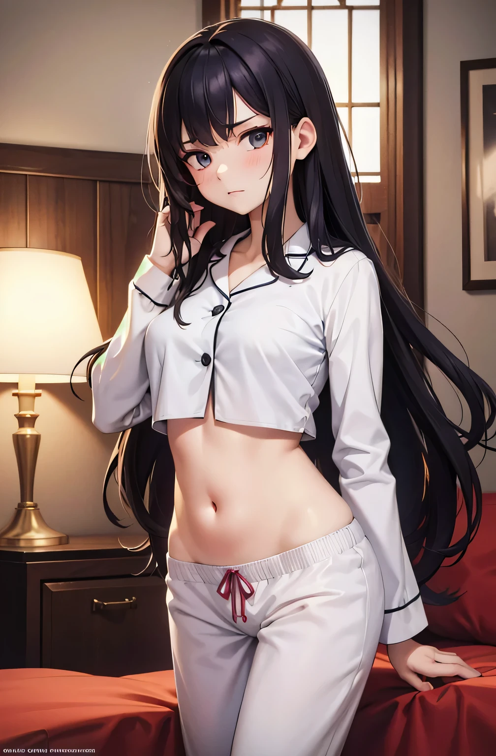 super fine illustration, vibrant colors, masterpiece, sharp focus, best quality, depth of field, cinematic lighting, ultra detailed, sleeves, crop top, pajamas, button up, pajama pants, drawstring, belly button, innie, wide hips, 1 woman, home, solo, milf, very messy hair, dark color hair, long hair, slender, blush, room, indoors, annoyed, mature female, tall woman, medium breasts, looking down, hand on stomach