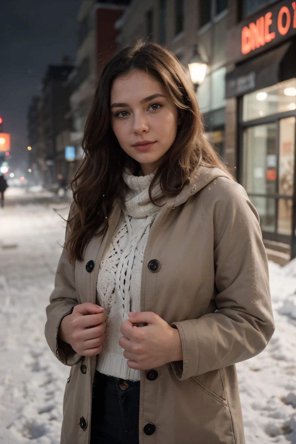 professional portrait photograph of a gorgeous Norwegian girl in winter clothing with long wavy blonde hair, sultry flirty look, gorgeous symmetrical face, cute natural makeup, wearing elegant warm winter fashion clothing, ((standing outside in snowy city street)), stunning modern urban environment, ultra realistic, concept art, elegant, highly detailed, intricate, sharp focus, depth of field, f/1. 8, 85mm, medium shot, mid shot, (((professionally color graded))), bright soft diffused light, (volumetric fog), trending on instagram, hdr 4k, 8k