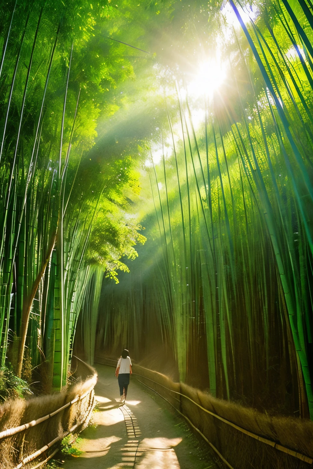 In the bamboo forest、The sunlight filtering through the trees is soft、