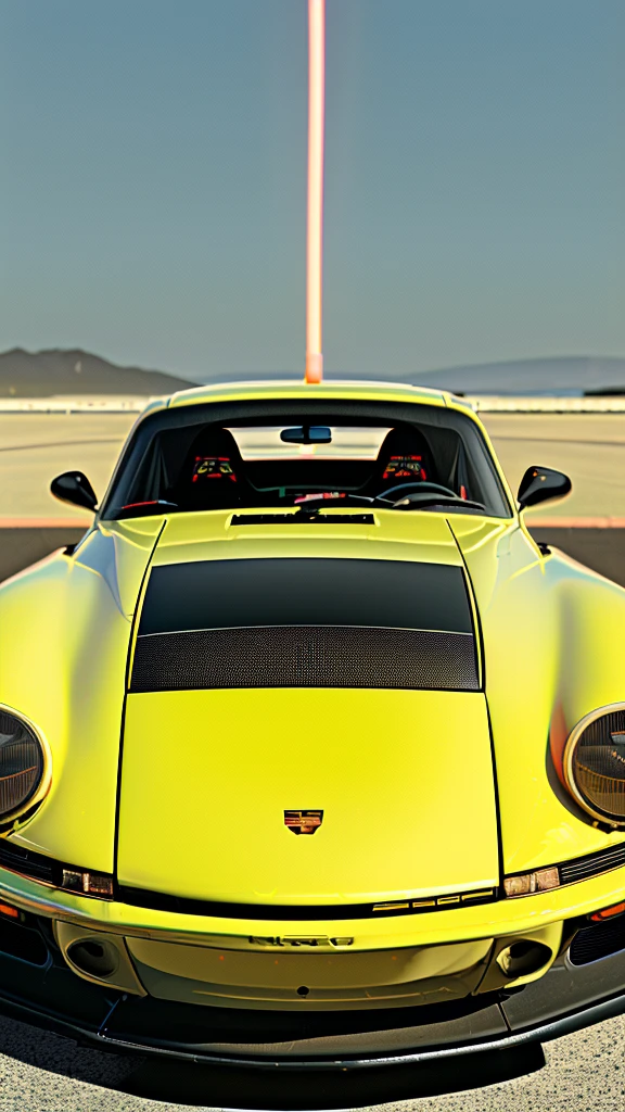 retrowave. City, Porsche 911 rwb, large wheels, slammed, wide body kit, Road, yelow neon monitor light, Sun, Mountain, (Masterpiece, extreme detail, A high resolution,photorealistic,automotive photography, professional, sci-fi) 