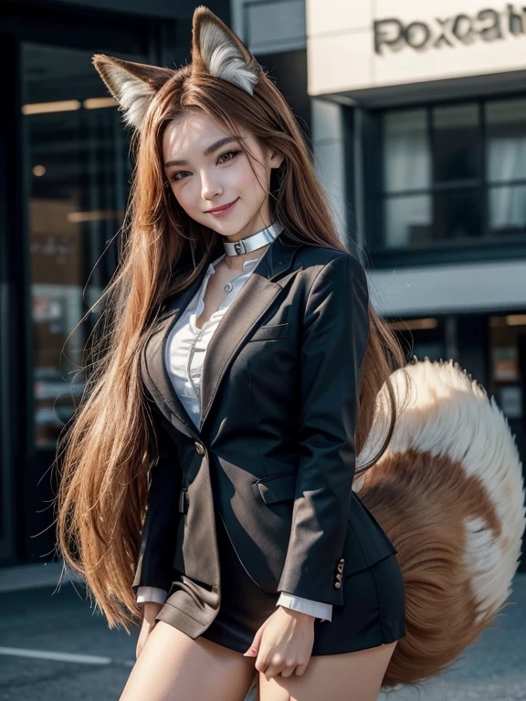 ((highest quality, 32k)), ((masterpiece)), (Get used to it), Perfect Face, Fox Girl, Beautiful woman, public, There is a tail, she has a fox tail, She wags her fluffy tail, smile, collar, She wears a business suit, Beautiful hip line, A tail sticking out from a business suit