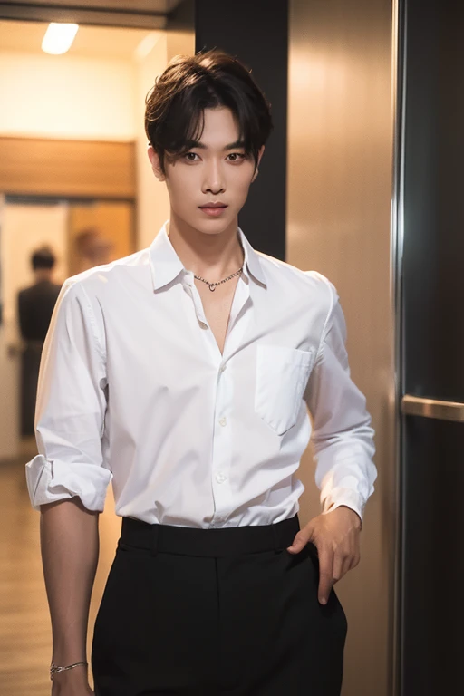 8k RAW photo, High resolution, 48 years old Korean, Dandy,Very muscular chest, Black suit, White dress shirt , Very thin mouth, Duck mouth, Grin,, intimidating pose, Beautiful eyes in every detail, Long eyelashes, Beautiful double eyelids, eye shadow, Long-term, Three white eyes, Beautiful slim legs, necklace, Middle Hair, The front door of a large company, Large corporate office,((Tanned black skin:1.3))