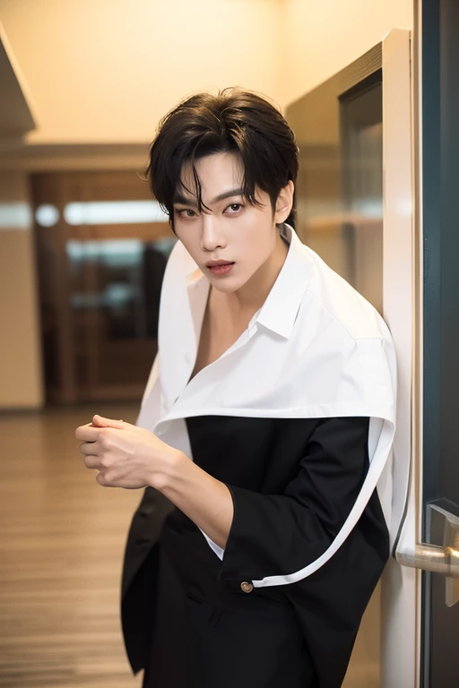 8k RAW photo, High resolution, 48 years old Korean, Dandy,Very muscular chest, Black suit, White dress shirt , Very thin mouth, Duck mouth, Grin,, intimidating pose, Beautiful eyes in every detail, Long eyelashes, Beautiful double eyelids, eye shadow, Long-term, Three white eyes, Beautiful slim legs, necklace, Middle Hair, The front door of a large company, Large corporate office,((Tanned black skin:1.3))