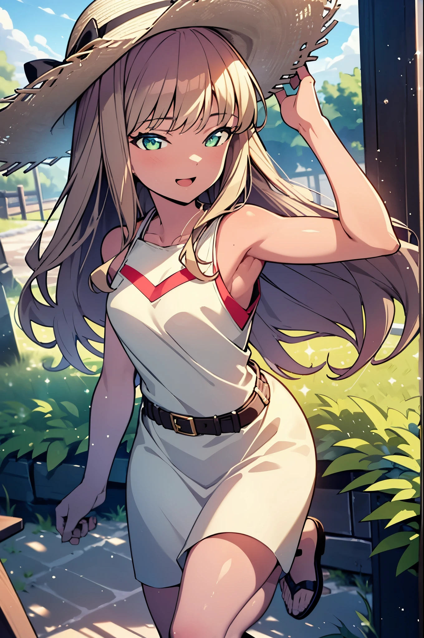 8k,highest quality,masterpiece,The seeds of a southern dream,The seeds of a southern dream　sss Dynazenon,Brown Hair,Long Hair,Green Eyes,Short braided hair,happy smile, smile, Open your mouth,Big straw hat,Sleeveless dress,Bare arms,Long skirt,Cute heeled sandals,Building district,Clear skies,Daytime,(Cowboy Shot:1. 5),(masterpiece:1.2), highest quality, High resolution, unity 8k wallpaper, (shape:0.8), (Beautiful and detailed:1.6), Highly detailed face, Perfect lighting, Highly detailed CG, (Perfect hands, Perfect Anatomy),