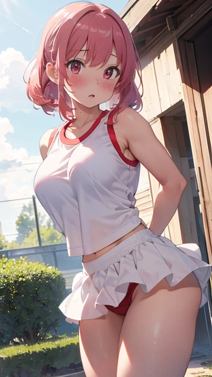 Masterpiece,highest quality,Very detailed,8k CG,
Photograph the upper body,1 Female,(Arms behind back:1.2),Are standing,Body facing forward,View your viewers,(White gym clothes,red bloomers),
blush,shy,(trembling:1.2),Pink Hair,Open your mouth,Large Breasts,outdoor sports ground,