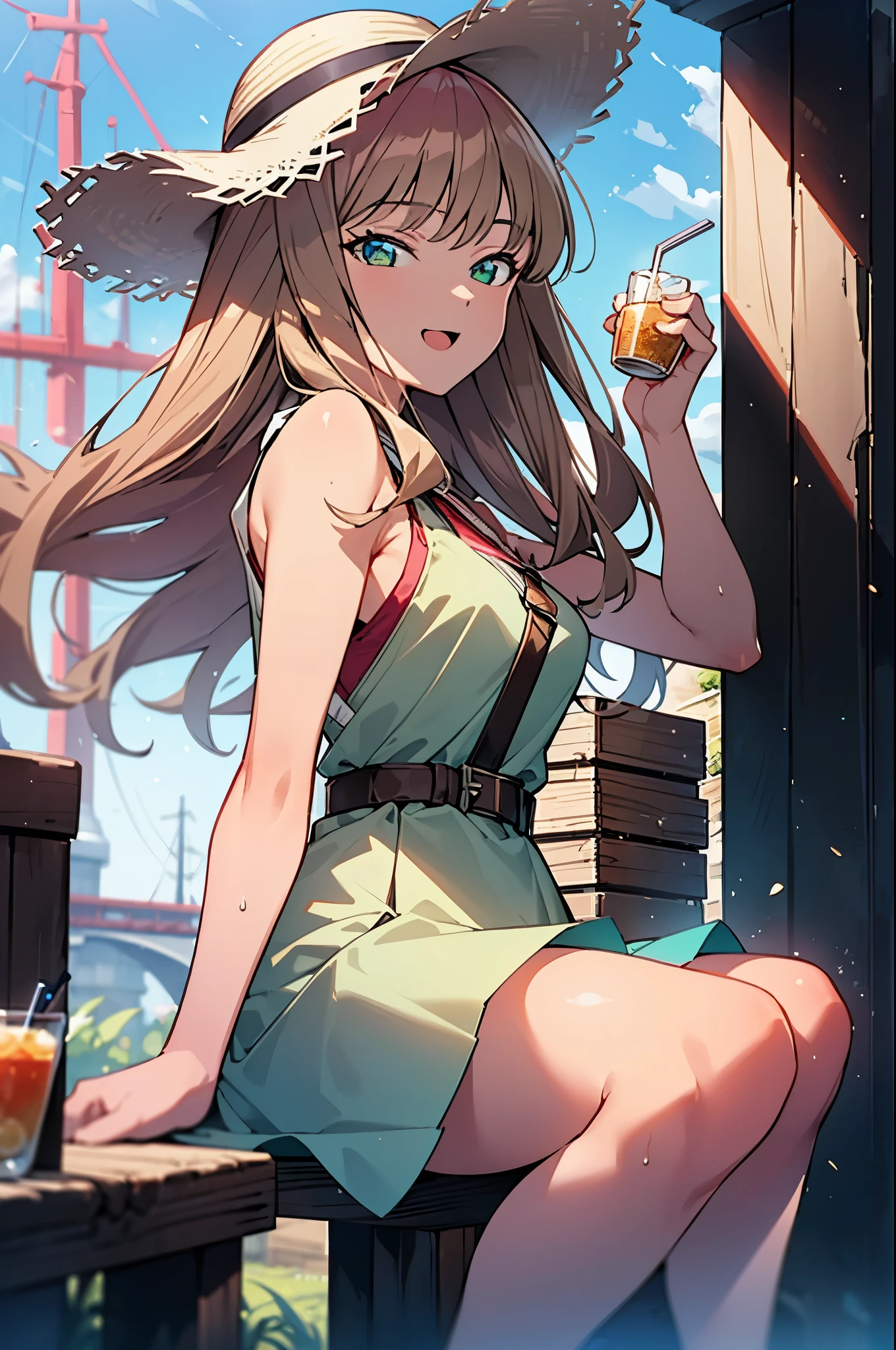 8k,highest quality,masterpiece,The seeds of a southern dream,The seeds of a southern dream　sss Dynazenon,Brown Hair,Long Hair,Green Eyes,Short braided hair,happy smile, smile, Open your mouth,Big straw hat,Sleeveless dress,Bare arms,Long skirt,Cute heeled sandals,Building district,Clear skies,Daytime,(Cowboy Shot:1. 5),(masterpiece:1.2), highest quality, High resolution, unity 8k wallpaper, (shape:0.8), (Beautiful and detailed:1.6), Highly detailed face, Perfect lighting, Highly detailed CG, (Perfect hands, Perfect Anatomy),