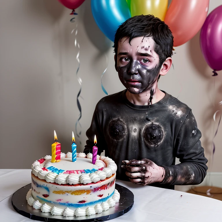 Birthday cake explodes、A comedy about a boy covered in soot and left in tatters.
