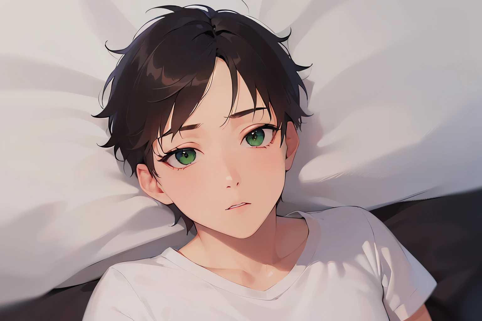 Shooting from above、masterpiece、highest quality、(25-year-old male:1.5) and (Brown short hair) and (Green Eyes), White T-shirt、Serious expression、The background is a bed、(Alone:1.5)、on back,