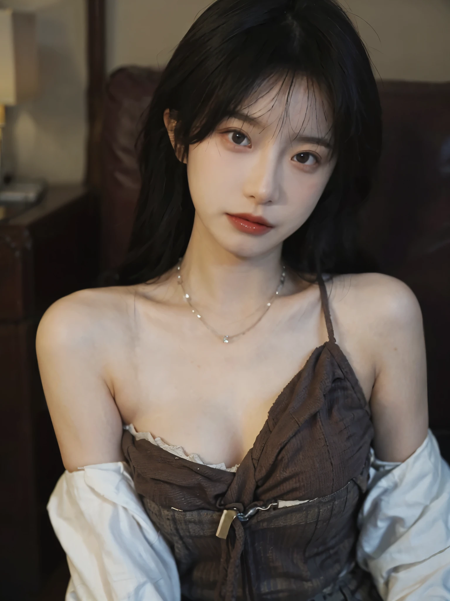 Film portrait photography, 2 girls, Bare shoulders,Lipstick，（flat chest：1.4）， Wear a necklace，Cute expression,Exquisite makeup，Red suspenders，serene, calm, (Realistic and detailed eyes, Natural skin texture, Realistic facial details), Big breasts：1.6，Big Breasts，Soft dramatic lighting, Depth of Field, Bokeh, Vibrant details, Detailed and detailed, Surreal, 35mm film, hazy, ,