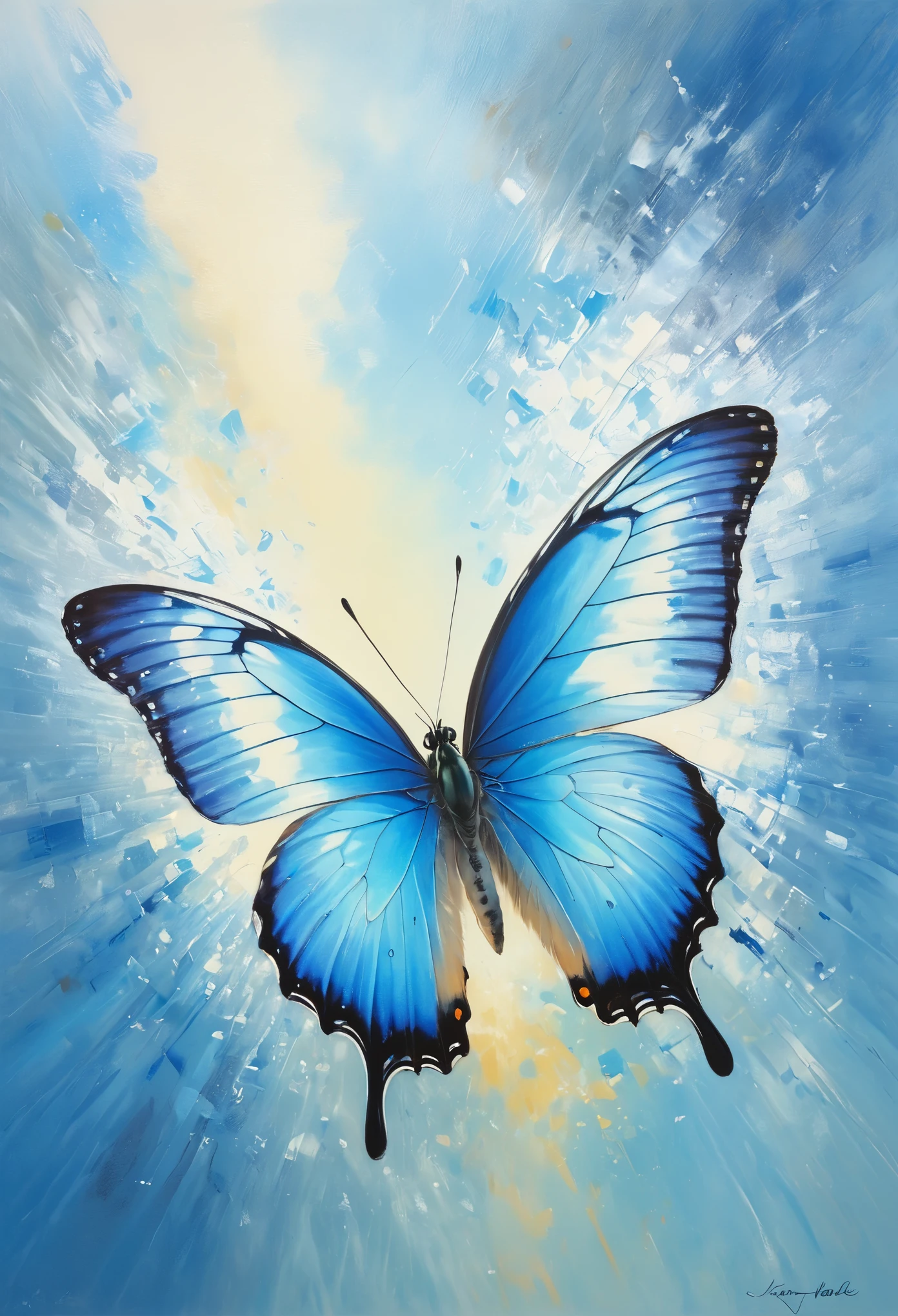 (best quality,highres:1.2),vivid colors,(realistic:1.37),blue butterfly,detailed wings,ethereal beauty,bright sunlight,majestic in flight,nature's delicate creation,canvas masterpiece,naturalistic brushstrokes,charming composition,subtle brushwork,pastel color palette,gentle shadows,dreamlike atmosphere,luminous background,masterful technique,impressionistic style,faint textures,harmonious contrast,impeccable composition,serene and enchanting,graceful motion,wonder of nature,endless inspiration.