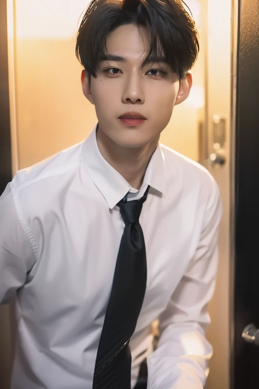 8k RAW photo, High resolution, 48 years old Korean, Dandy,Very muscular chest, Black suit, White dress shirt , Very thin mouth, Duck mouth, Grin,, intimidating pose, Beautiful eyes in every detail, Long eyelashes, Beautiful double eyelids, eye shadow, Long-term, Three white eyes, Beautiful slim legs, necklace, short hair, The front door of a large company, Large corporate office,((Tanned black skin:1.3))