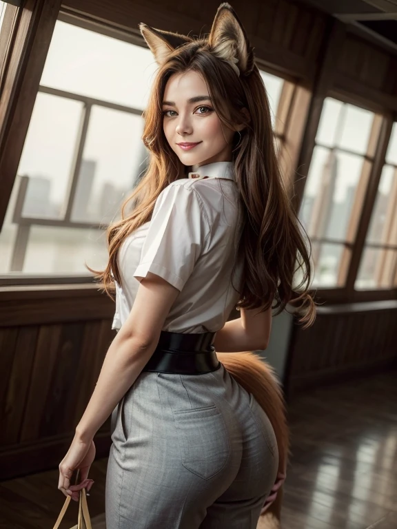 ((highest quality, 32k)), ((masterpiece)), (Get used to it), Perfect Face, Fox Girl, Beautiful woman, public, There is a tail, she has a fox tail, She wags her fluffy tail, smile, collar, She wears a business suit, Beautiful hip line, A tail sticking out from a business suit, Big Butt
