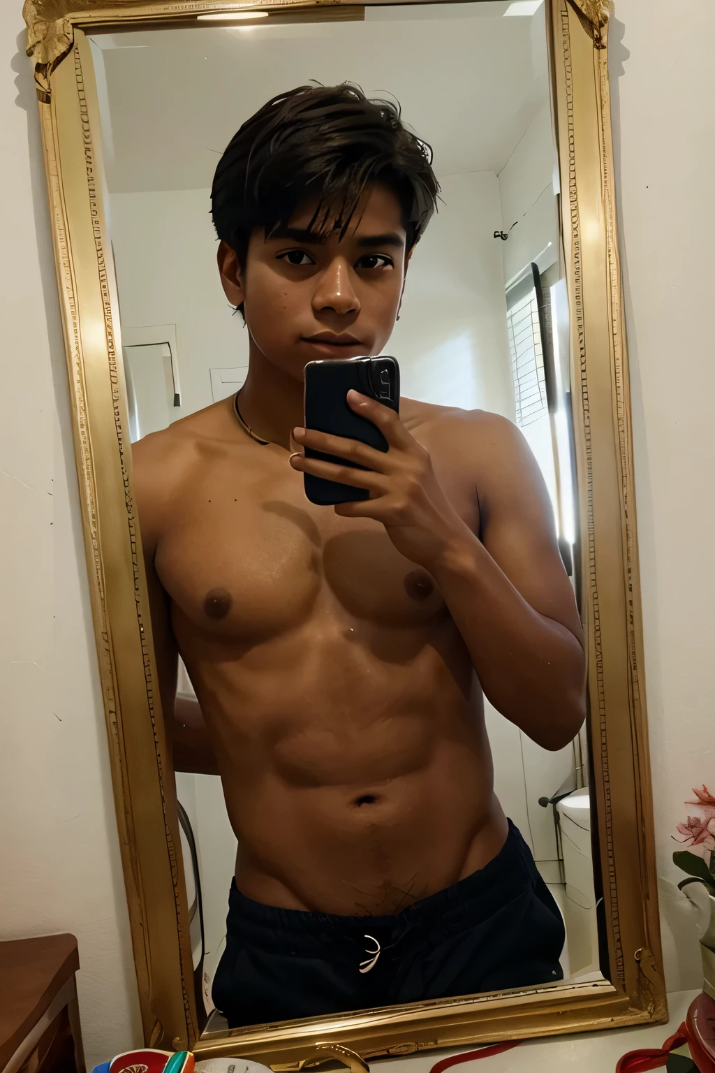  Ecuadorian boy, guapo, de alto estatus, taking a photo in the mirror with his cell phone