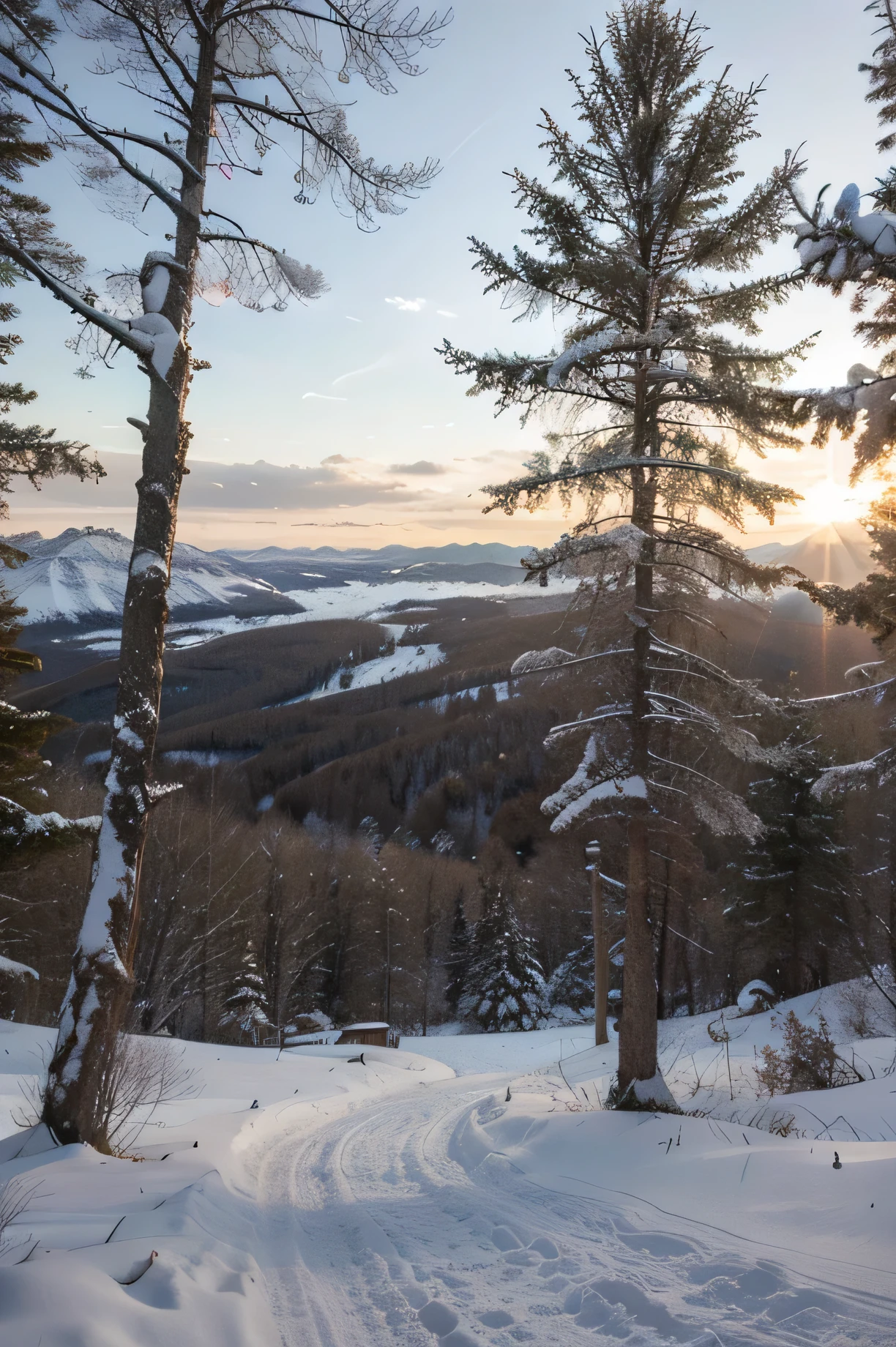 Landscape of a snowing mountain with trees in a forest.