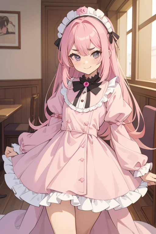 Girl with pink hair, long double-tailed hairstyle, ((small pink bushy eyebrows)), dressed in lolita clothing, marked vagina, lolicon (Zankuro) drawing style by zankuro artist, Zancro style, image uploaded to R34, looking at the camera with a flirtatious smile, modeling in a restaurant full of people, male pov,  , she pulling her dress to cover her crotch, no visible vagina
