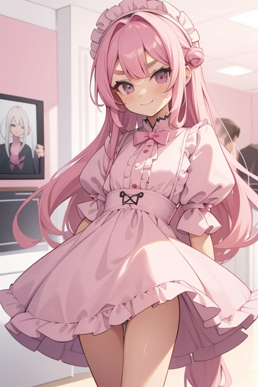 Girl with pink hair, long double-tailed hairstyle, ((small pink bushy eyebrows)), dressed in lolita clothing, marked vagina, lolicon (Zankuro) drawing style by zankuro artist, Zancro style, image uploaded to R34, looking at the camera with a flirtatious smile, modeling in a restaurant full of people, male pov,  , she pulling her dress to cover her crotch, no visible vagina
