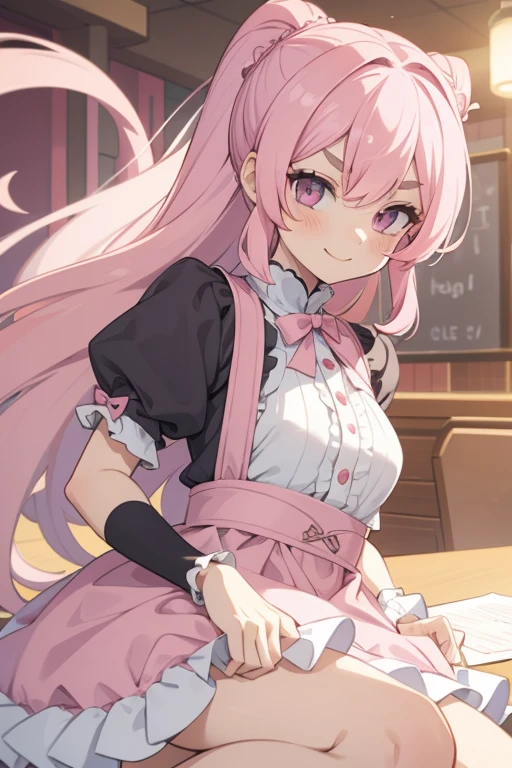 Girl with pink hair, long double-tailed hairstyle, ((small pink bushy eyebrows)), dressed in ta clothing, marked vagina, loli(Zankuro) drawing style by zankuro artist, Zancro style, image uploaded to R34, looking at the camera with a flirtatious smile, modeling in a restaurant full of people, male pov, , she pulling her dress to cover her crotch, no visible vagina