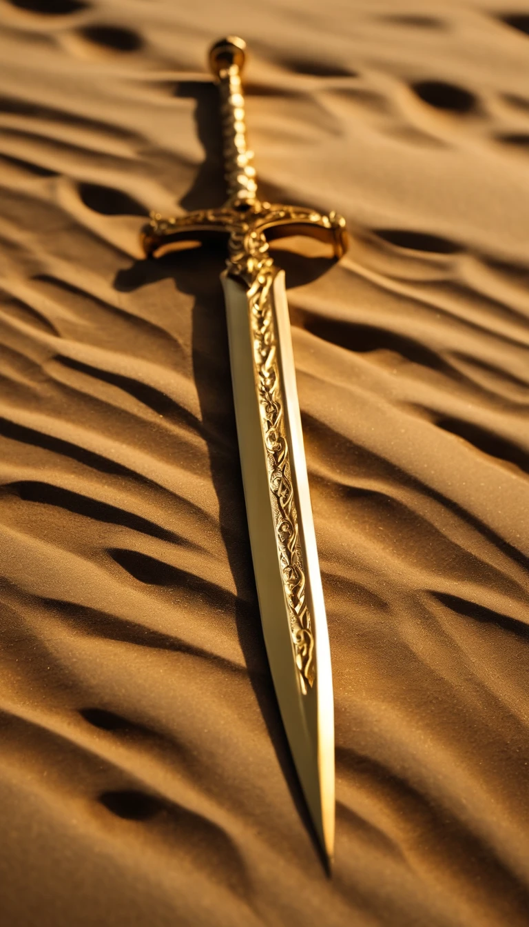 Gold dagger weapo, laydown on the sand background