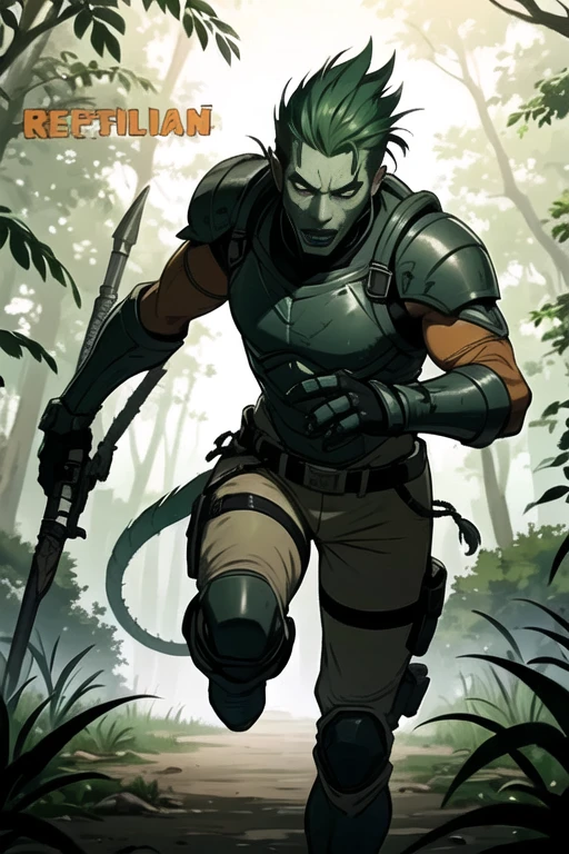 
Reptilian,((best quality)),((Masterpiece)),(detailed), perfect face,((male,)) reptile face, tactical suit,
cyberpunk, jungle, weapons, future ,lizard men, orange details, tail, reptilian military humanoid, mutant, 
running, beast, torn clothes, police, scales, jungle, forest trees, snake skin, lizard, ((black armor,)) wild,
dirty, savage, ferocious, bestial, skin visible, claws, jungle warrior, predator, snake skin,((brown tactical pants,))
camuflaje, reptil scales, black armor, spikes, Blades,weapons, spear, black, dark, brown, native  clothes, primitive,