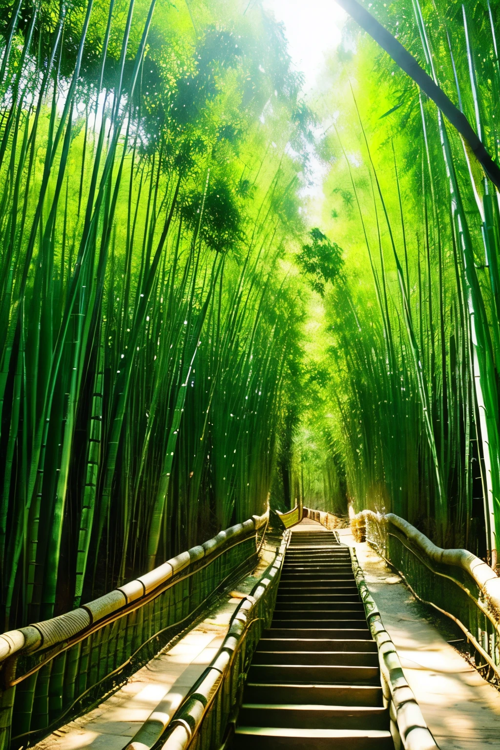 In the bamboo forest、The sunlight filtering through the trees is soft、In front of me is a thick bamboo、