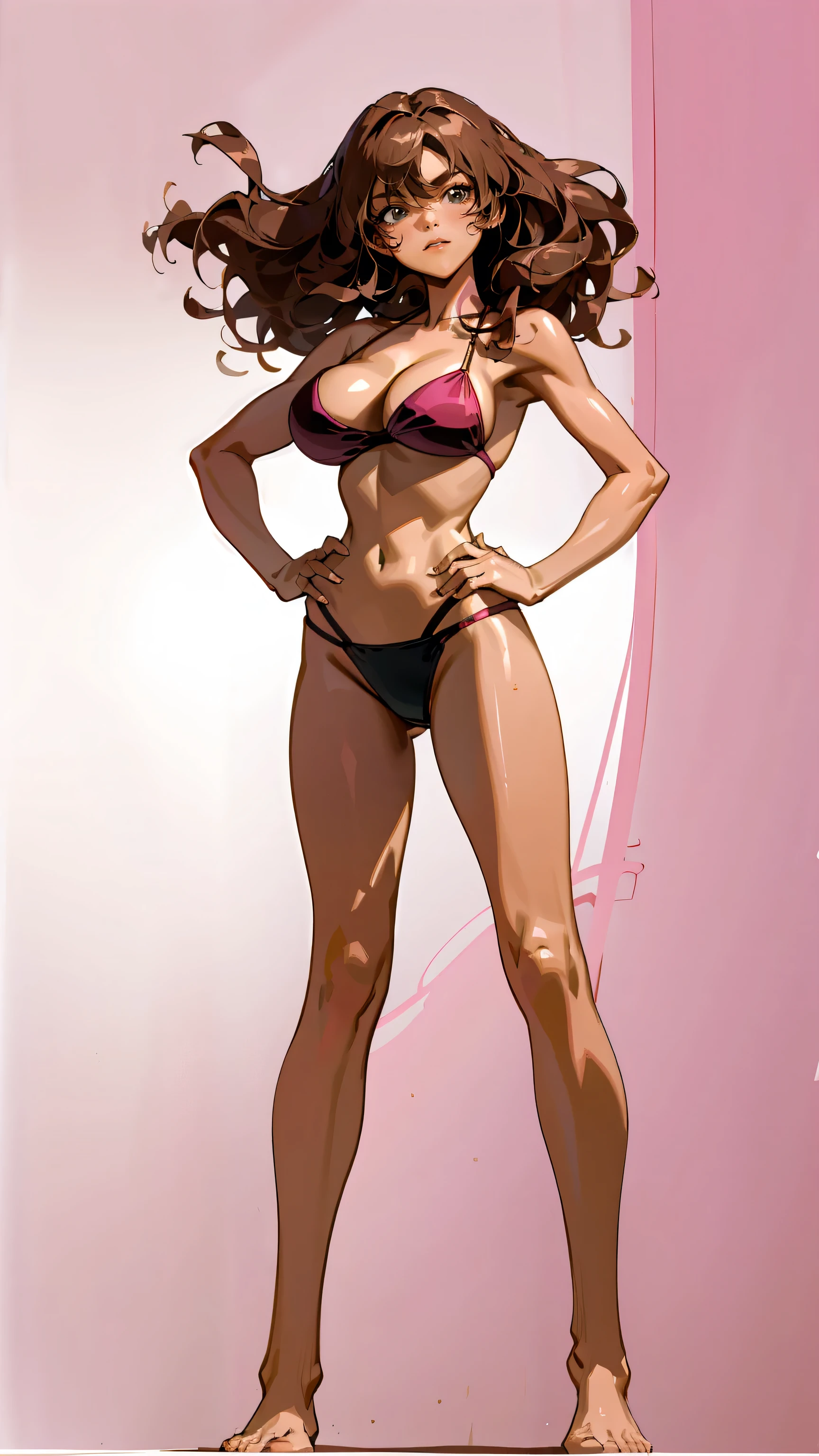 Masterpiece, best quality, Masterpiece, best quality, 1 woman, wavy brown hair , sly face , pink bikini , abdomen, big breasts , Long legs , Barefoot , hands on hips , white background