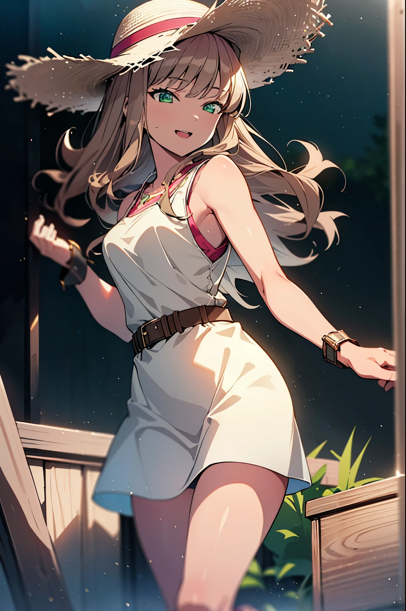 8k,highest quality,masterpiece,The seeds of a southern dream,The seeds of a southern dream sss Dynazenon,Brown Hair,Long Hair,Green Eyes,Short braided hair,happy smile, smile, Open your mouth,Big straw hat,Sleeveless dress,Bare arms,Long skirt,Cute heeled sandals,Building district,Clear skies,Daytime,(Cowboy Shot:1. 5),(masterpiece:1.2), highest quality, High resolution, unity 8k wallpaper, (shape:0.8), (Beautiful and detailed:1.6), Highly detailed face, Perfect lighting, Highly detailed CG, (Perfect hands, Perfect Anatomy),
