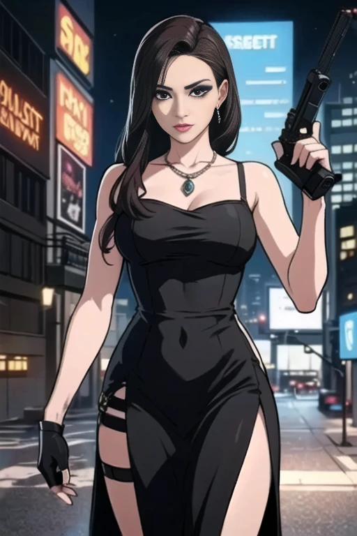 May Day ((best quality)),((Masterpiece)),(detailed), perfect face, ((female fatal,)) sexy, black Long dress,))
dark brown hair, brown eyes,) jewelry, night, cyberpunk, silver necklace, seductive, dressed with slash, 
holding a pistol with a silencer, spy, sectet agent, gun holster,