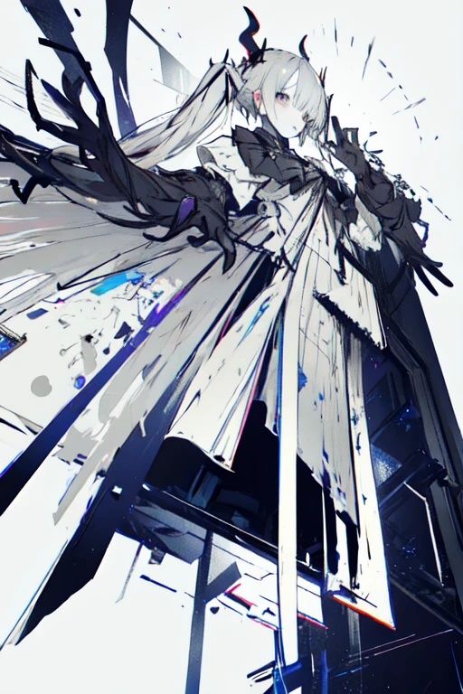 magazine,leaning buck with hands out in the air,girl from below view、succubus, twin tail hair, relax, ((((masterpiece)))), very_high_resolution, high quality, full color, large_filesize, illust,(flat color:1.5),(colorful), Gray white background