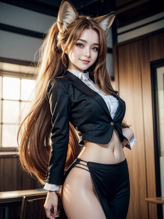 ((highest quality, 32k)), ((masterpiece)), (Get used to it), Perfect Face, Fox Girl, Beautiful woman, public, There is a tail, she has a fox tail, She wags her fluffy tail, smile, collar, She wears a business suit, Beautiful hip line, A tail sticking out from a business suit