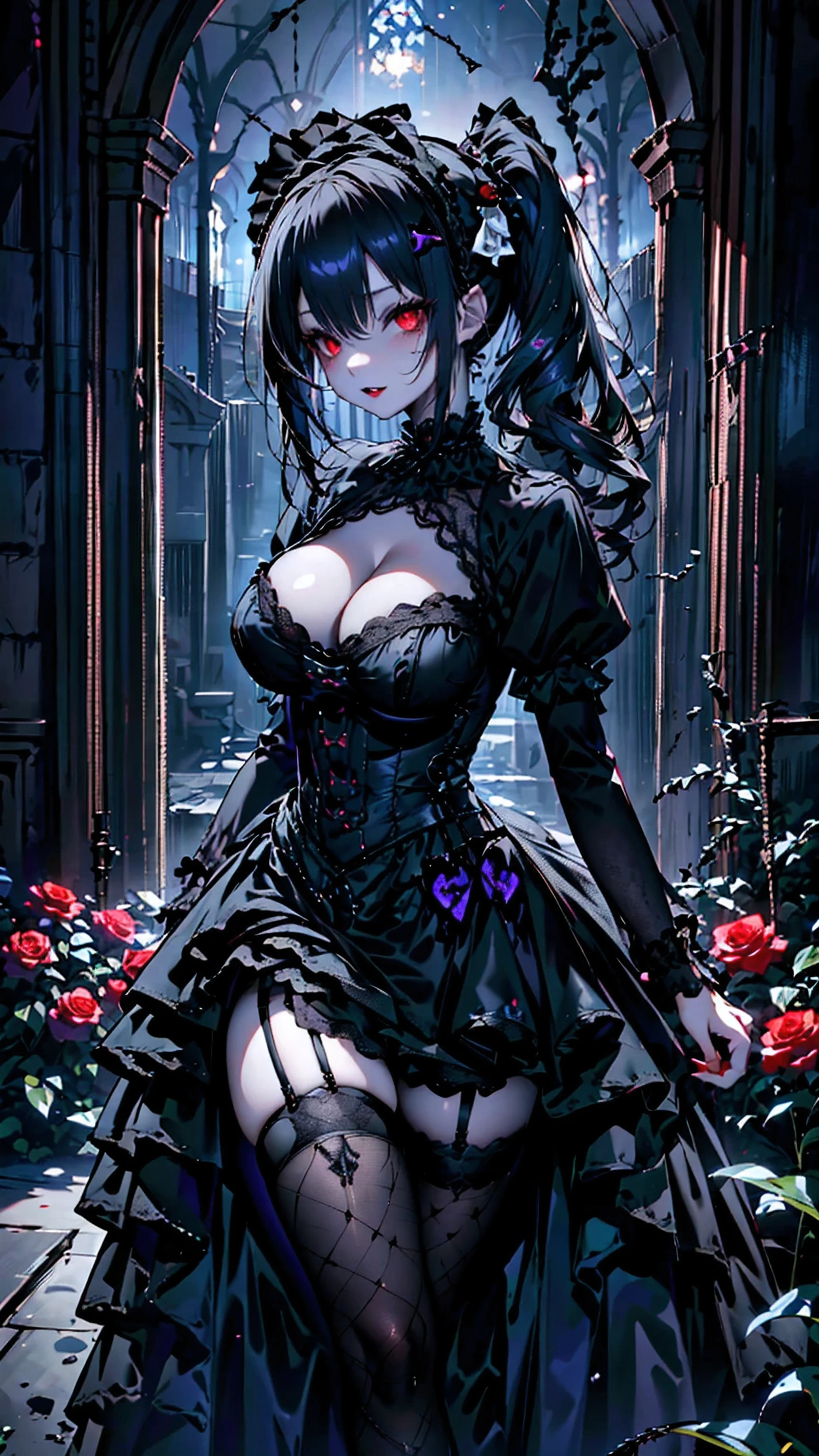 ((highest quality)), ((masterpiece)), (detailed), 8k,Perfect Face,woman１people、(Gothic Lolita:1.6)、Black Dress、18-year-old、Cleavage、Black Hair、Red eyes、Glowing Eyes、dark、Twin tails