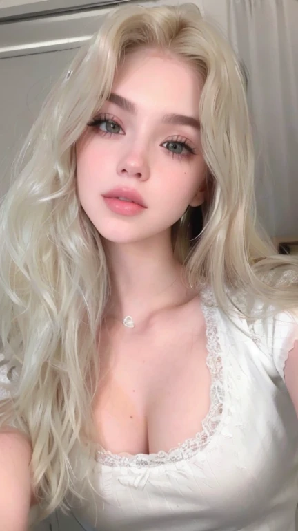mujer rubia con el pelo largo y grandes pendientes de aro tomando una selfie, ava max, su cabello es blanco, con pelo largo y rubio, pale skin curly blonde hair, con pelo largo y blanco, chica perfecta de pelo blanco, long cabello rubio y ojos grandes, con el pelo largo y blanco, very very pale blonde hair, pelo rizado blanco, cabello rubio y ojos grandes, Cabello blanco largo y ondulado, calidad 8k, super quality, cabello suave, pechos grandes