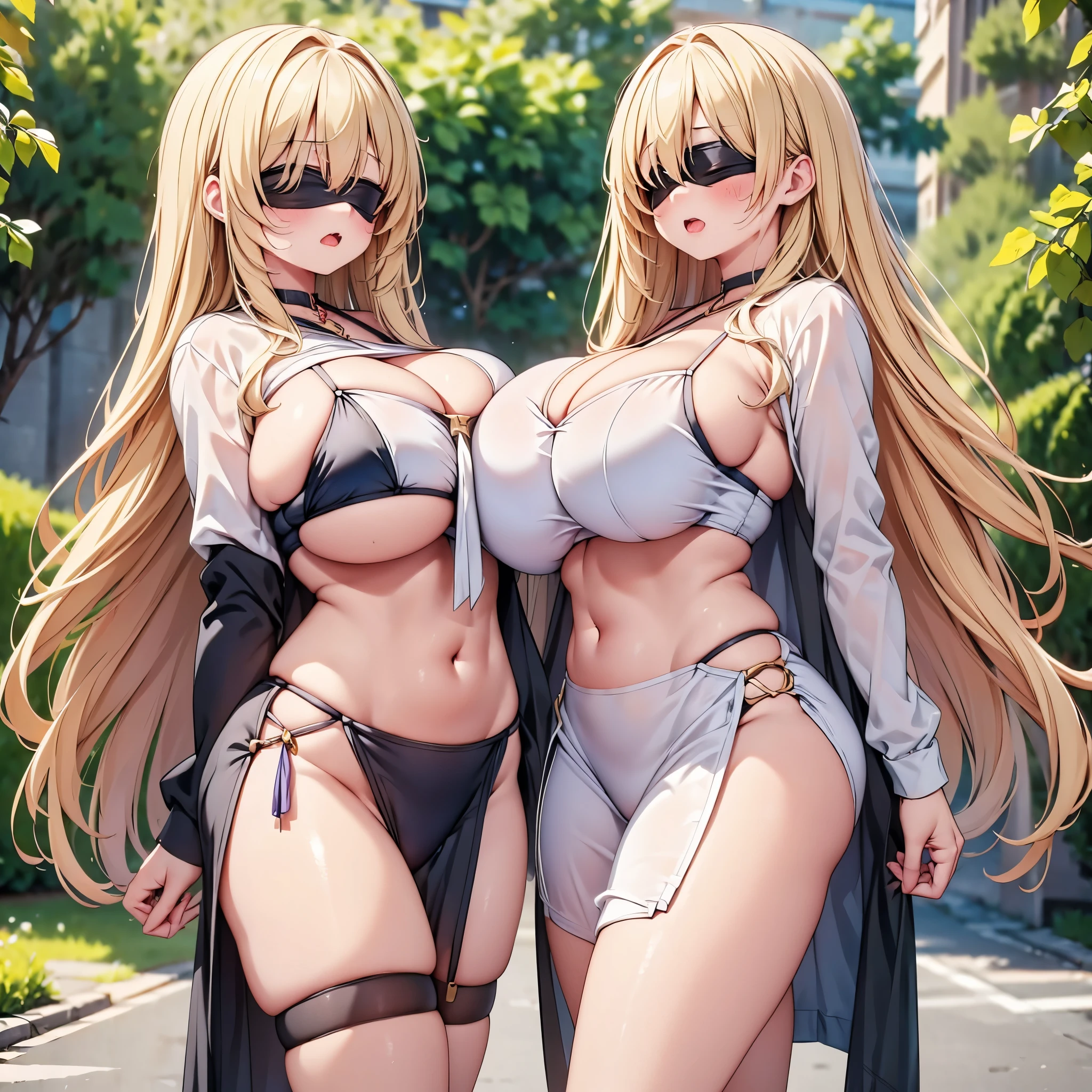 highest quality,wonderful,finely,extremely detailed CG Unity 8K wallpaper, (Stand in line:1.2), (3 girls, blonde, clothed), (huge breasts:1.8), (cleavage cutout:1.4), (Underboob:1.4), (crop top navel:1.4), (open mouth:1.1), (long tongue:1.1), (mouth drool:1.1), (black stockings:1.1),(Thighs:1.2),(Waistline:1.2),(black blindfold, blindfold:1.5)