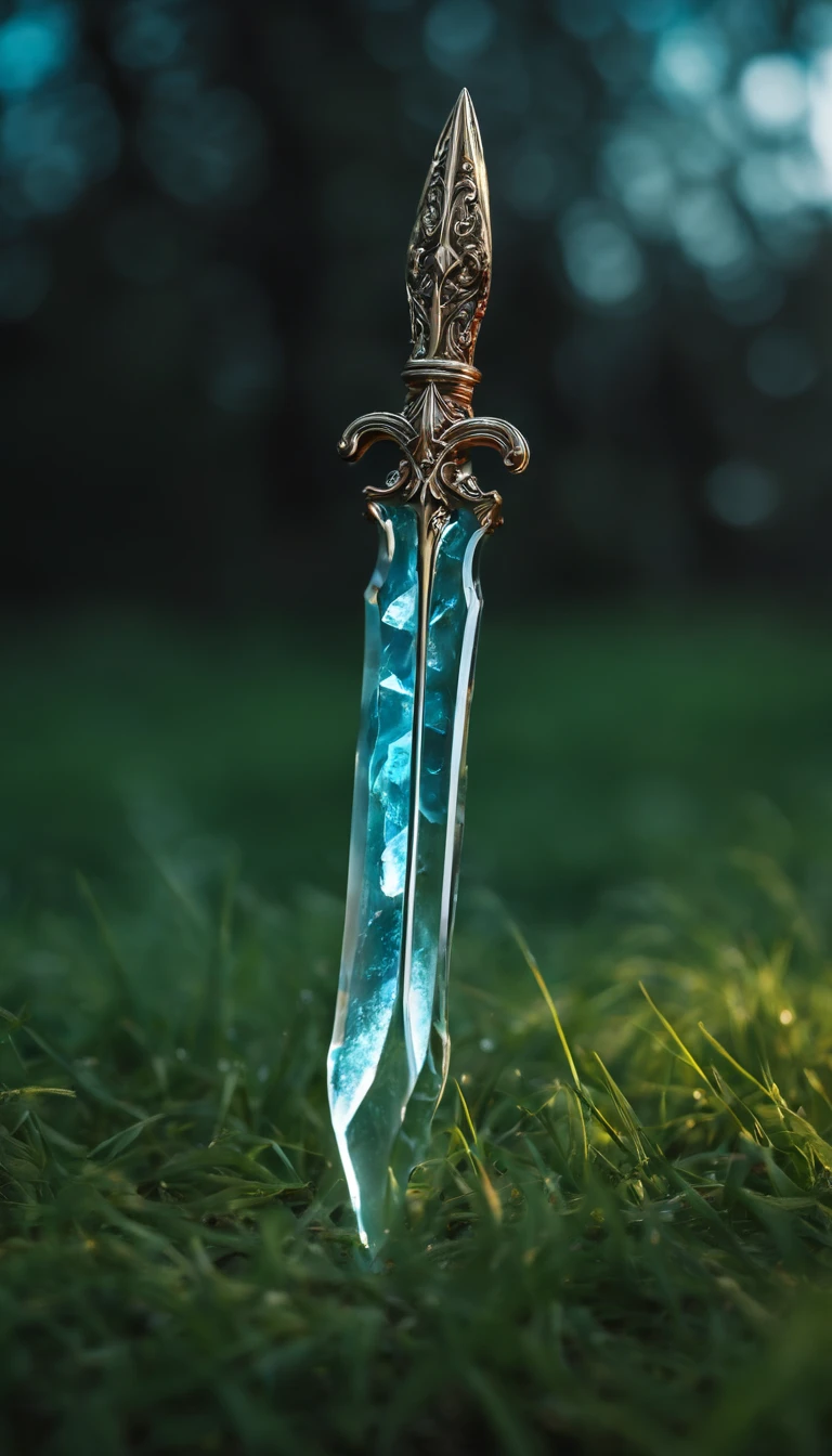 Glasses ice dagger weapon, laydown on the grass background
