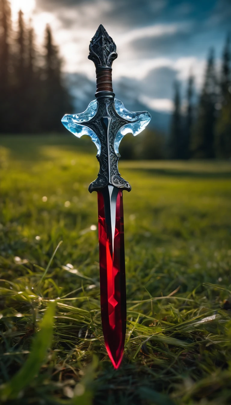 Glasses ice dagger weapon, laydown on the grass background