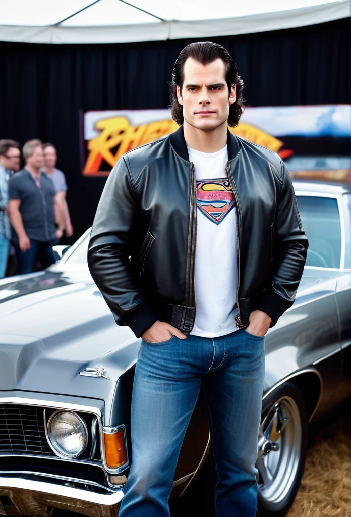 a Satire Photorealistic Picture of Henry Cavill as Clark Kent donning Casual Outfit with the 80's heavy metal rockstar long hairstyle, a bomber jacket, t-Shirts, jeans and sneakers hosting a hilarious Car Show Program Top Gear, insanely detailed and intricate carshow studio properties, detailed and perfect face, masterpiece professional cinematic photo soot