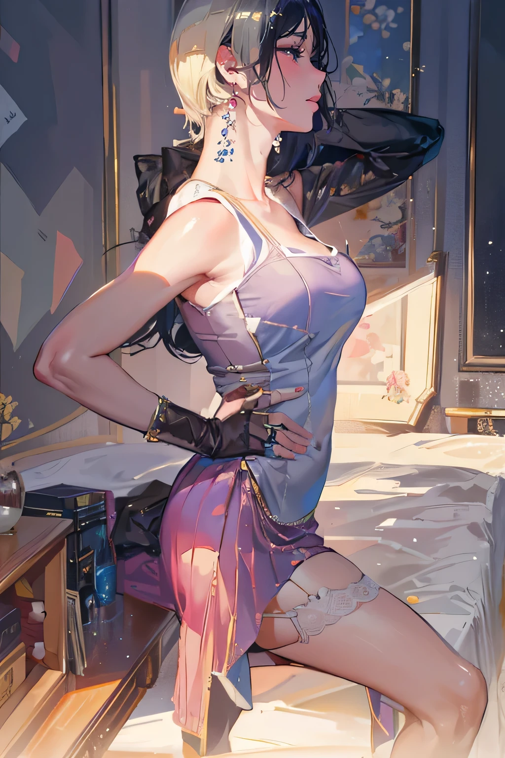Around 30 years old, (Elegant and well-proportioned figure), (High heels), (Bob Hair), (Garter stockings and anklets), (Spread your legs), Thighs and skirt、Elegant legs,Falter,(orgasm:1.5),Waiting for the tongue,(Subtle and elegant light make-up), Delicate and beautiful fair skin, Detailed facial description with beautiful double eyelids, Gentle eyes that shine with youth and innocence, Expressing the amazing beauty of youth, Adorable Japan Woman, A beautiful portrait that captures her enchanting charm.. (8K, highest quality, masterpiece: 1.2), (Realistic and photorealistic: 1.37), (To the office)