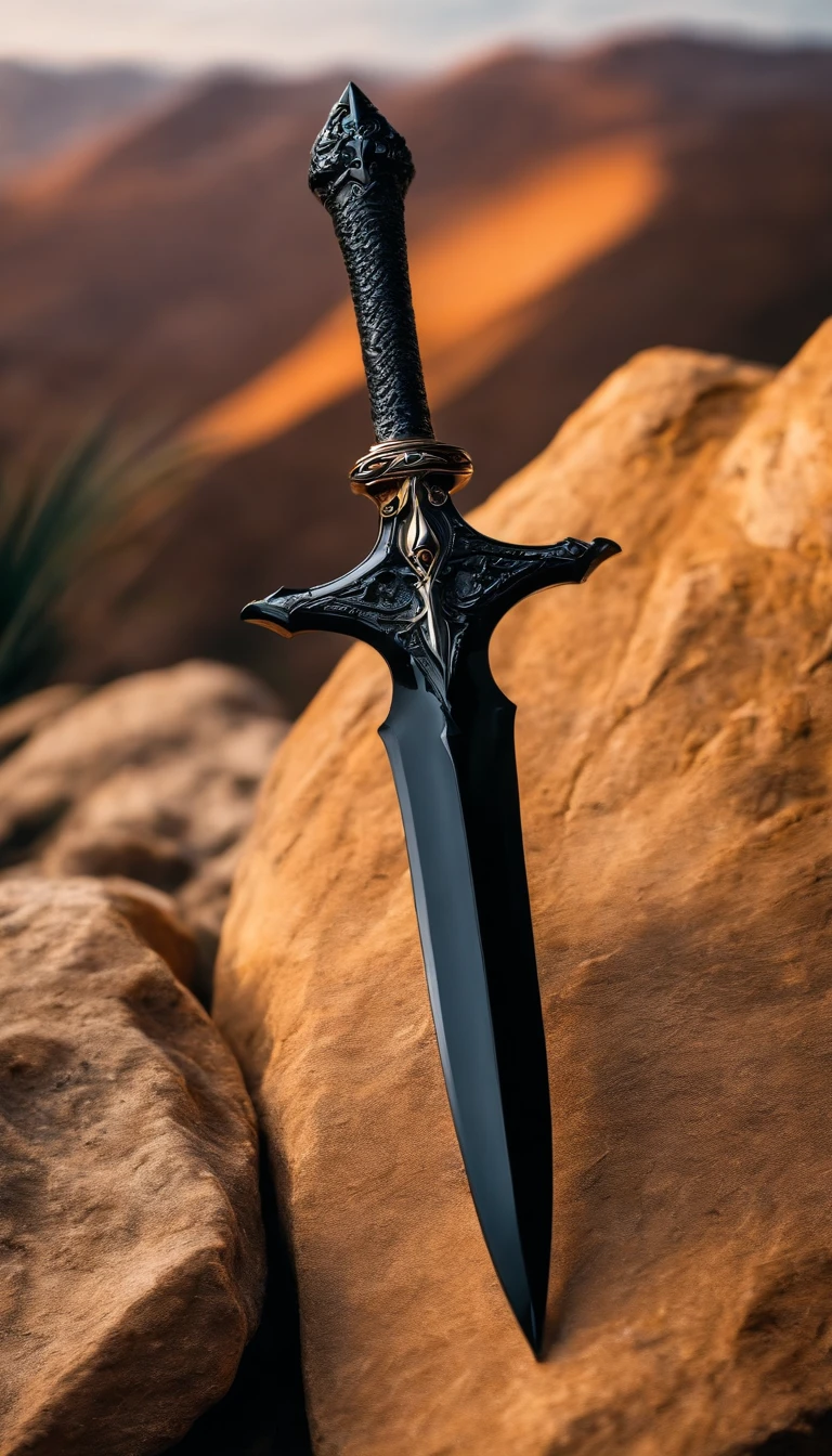 Black shiny dagger weapo, laydown on the rock background