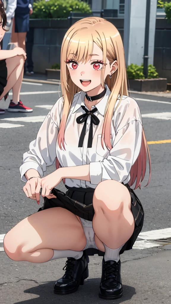 (((Pixel Perfect, Perfect detail))), alone, 1 girl,
Kitagawa Marine SB,1 girl, alone, teeth, Bright smile, Earrings, Long Hair, blonde, Red eyes, Colorful Hair, Black Ribbon, black collar,
Black Skirt, White shirt, Off the shoulder, tuck your shirt in,Permanently installed, Looking at the audience,outdoor activities, (squatting:1.3), (Spread your legs,White panties), whole body