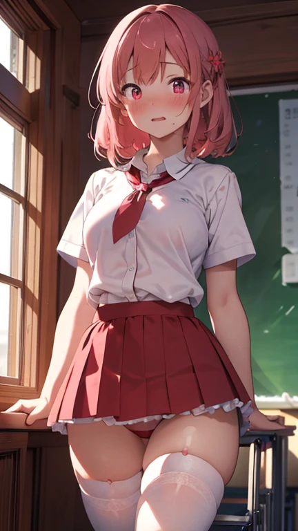 Masterpiece,highest quality,Very detailed,8k CG,
Photograph the upper body,1 Female,(Arms behind back:1.2),Are standing,Body facing forward,View your viewers,(school uniform,red bloomers:1.3),
blush,shy,(trembling:1.2),Pink Hair,Open your mouth,Large Breasts,Ground,
