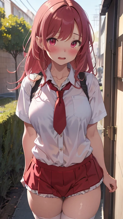 Masterpiece,highest quality,Very detailed,8k CG,
Photograph the upper body,1 Female,(Arms behind back:1.2),Are standing,Body facing forward,View your viewers,(school uniform,red bloomers:1.3),
blush,shy,(trembling:1.2),Pink Hair,Open your mouth,Large Breasts,Ground,