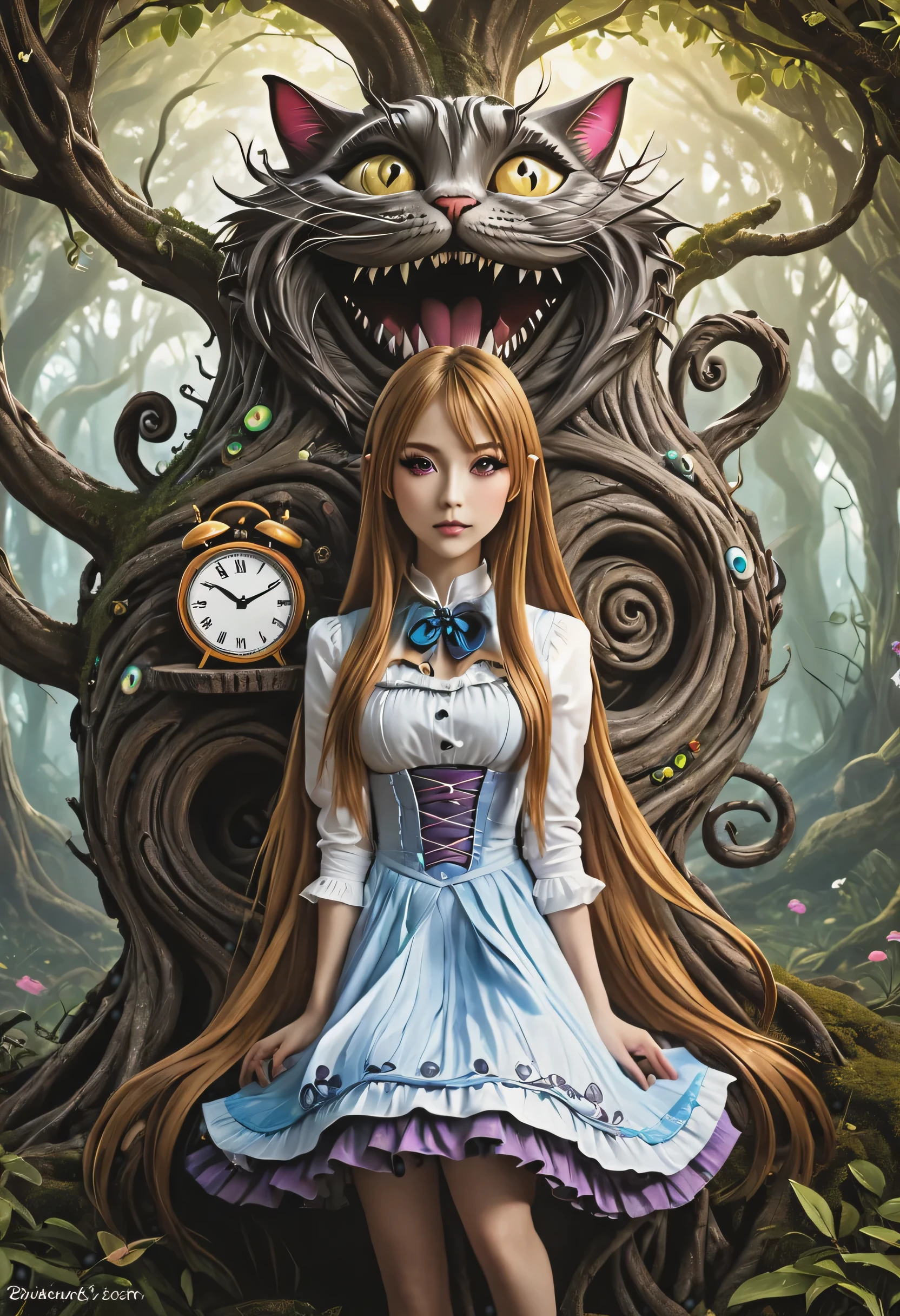 
Asuna representando a "Alice in Wonderland" Con lineas suaves, bonitos y expresivos ojos estilo anime, Baum, Together with a Cheshire Cat in a tree, sombrerero loco, chronograph, fondo oscuro, Clean design, Epic Instagram, art station, Salpicaduras de pintura colorida, contorno, Hiper detallado detallado detallado, motor irreal, maravilla, detalles complicados, Pantalla de bienvenida, colores complementarios, fantasy concept art, 8k resolution, Obra maestra de DeviantArt, Oil painting, golpes fuertes, Goteos de pintura