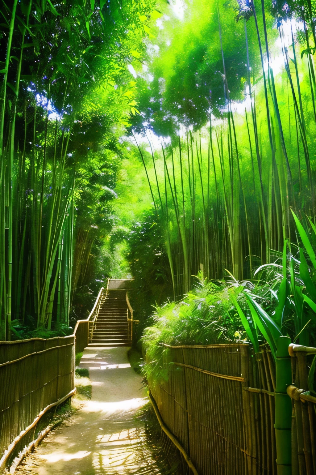 In the bamboo forest、The sunlight filtering through the trees is soft、In front of me is a thick bamboo、