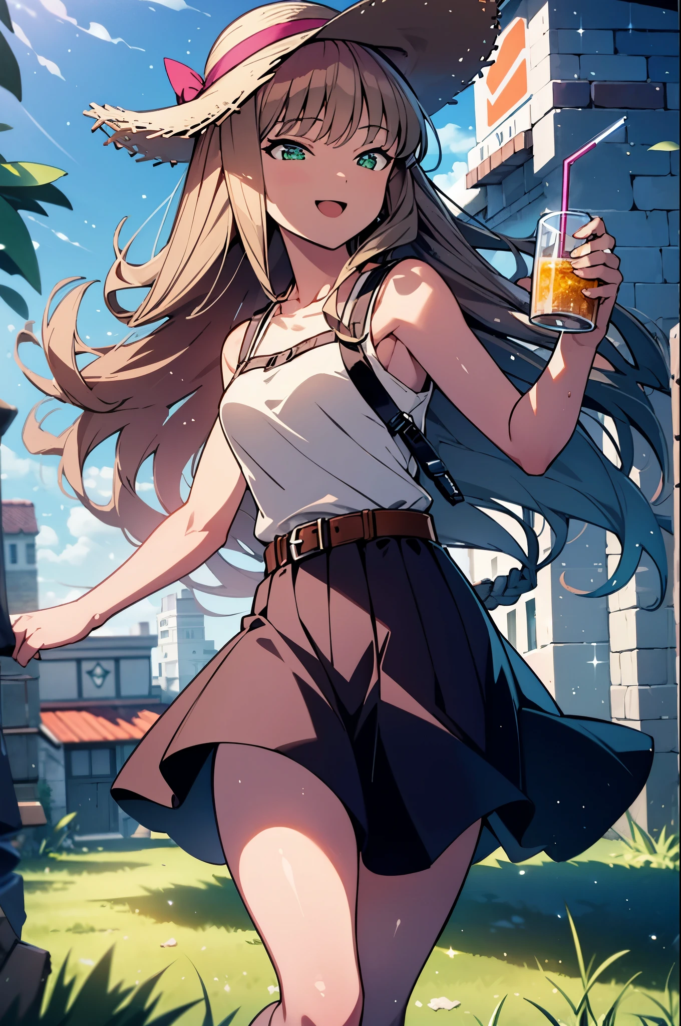 8k,highest quality,masterpiece,The seeds of a southern dream,The seeds of a southern dream sss Dynazenon,Brown Hair,Long Hair,Green Eyes,Short braided hair,happy smile, smile, Open your mouth,Big straw hat,Sleeveless dress,Bare arms,Long skirt,Cute heeled sandals,Building district,Clear skies,Daytime,(Cowboy Shot:1. 5),(masterpiece:1.2), highest quality, High resolution, unity 8k wallpaper, (shape:0.8), (Beautiful and detailed:1.6), Highly detailed face, Perfect lighting, Highly detailed CG, (Perfect hands, Perfect Anatomy),