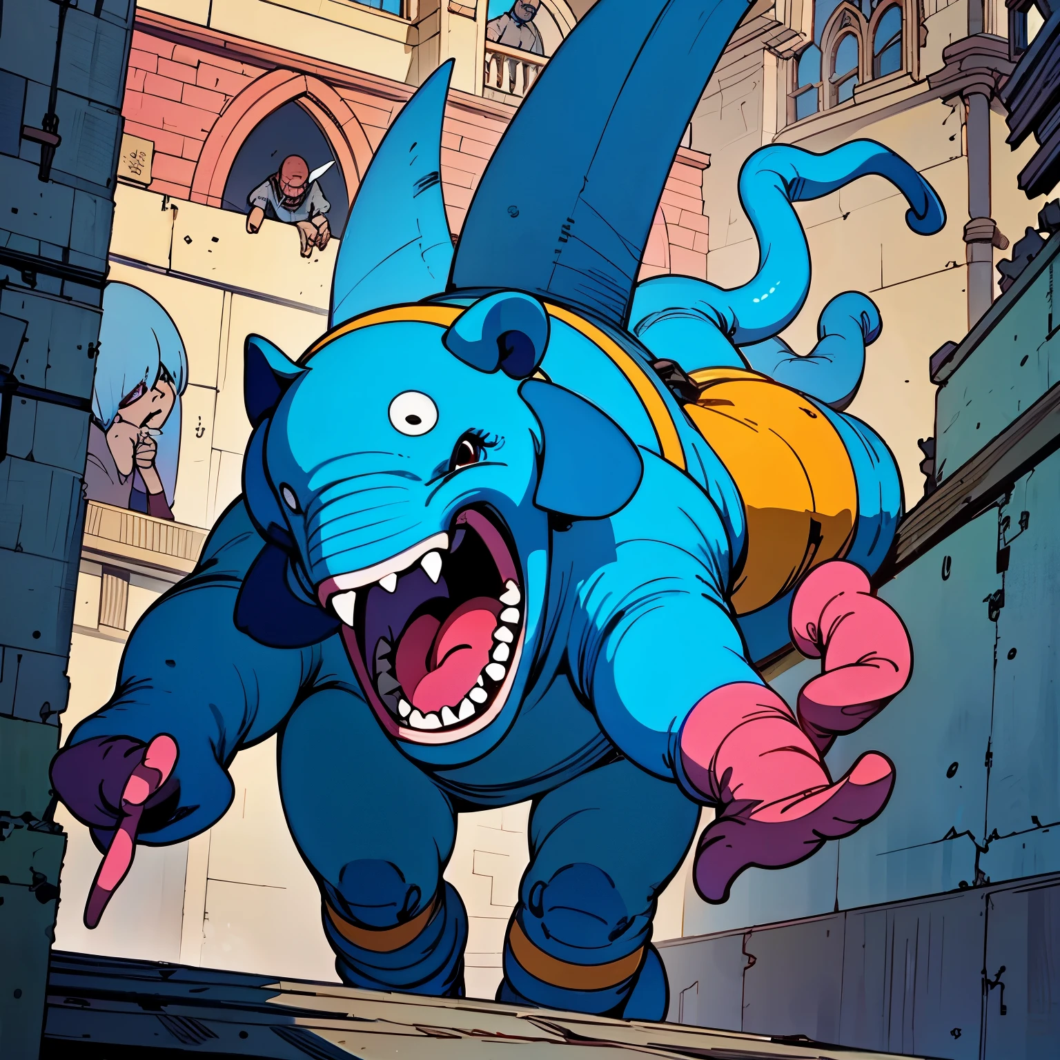 Anime elephant, unexpectedly slipping, falling from great height, Cartoon building, looped roof, gasps and screams from bystanders, surprise and disbelief etched on their faces, bright colors, exaggerated reactions, distorted perspectives, cartoony joints, flapping ears and trunk, determined landing, considerable damage to the building, bystanders covering their eyes, jaws dropped, alarmed expressions.