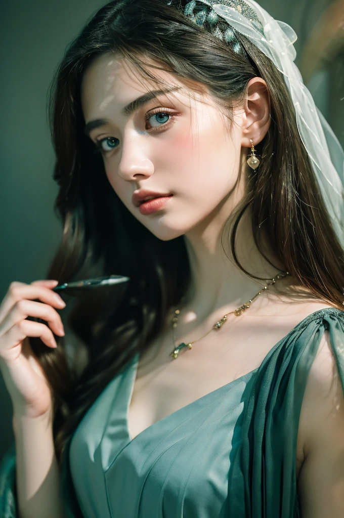 ( masterpiece, top quality, best quality,8k, girl,ultra detailed,raw photo:1.5),(photorealistic:1.4), (cinematic lighting), PerfectNwsjMajic, , Surrealism, UHD, ccurate, Super detail, textured skin, High detail, Best quality, dynamic angle, White skin,[Beautiful blue eyes], high nose,[flat chest:large breasts:0.5],(1girl),(good anatomy:0.5)), Dreamy atmosphere, Dark,expressive brush strokes, mystical ambiance, Artistic interpretation, Stunning Studio Ghibli style costumes, a whimsical illustration, Subtle colors and tones, mystical aura, jewelry ,sparkling,loose hair 