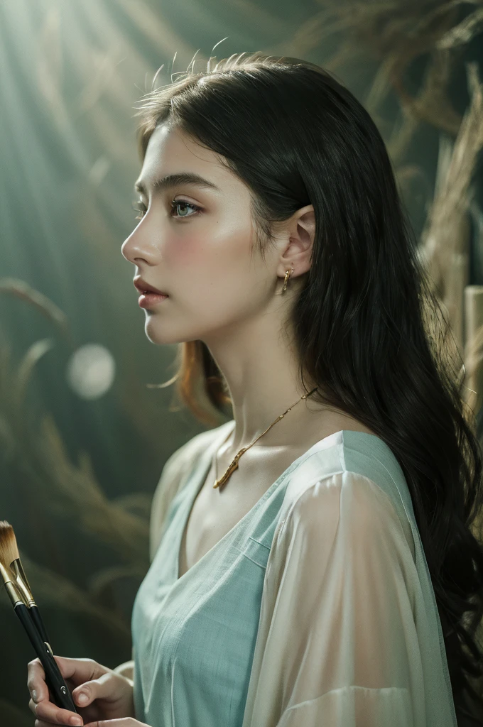 ( masterpiece, top quality, best quality,8k, girl,ultra detailed,raw photo:1.5),(photorealistic:1.4), (cinematic lighting), PerfectNwsjMajic, , Surrealism, UHD, ccurate, Super detail, textured skin, High detail, Best quality, dynamic angle, White skin,[Beautiful blue eyes], high nose,[flat chest:large breasts:0.5],(1girl),(good anatomy:0.5)), Dreamy atmosphere, Dark,expressive brush strokes, mystical ambiance, Artistic interpretation, Stunning Studio Ghibli style costumes, a whimsical illustration, Subtle colors and tones, mystical aura, jewelry ,sparkling,loose hair 
