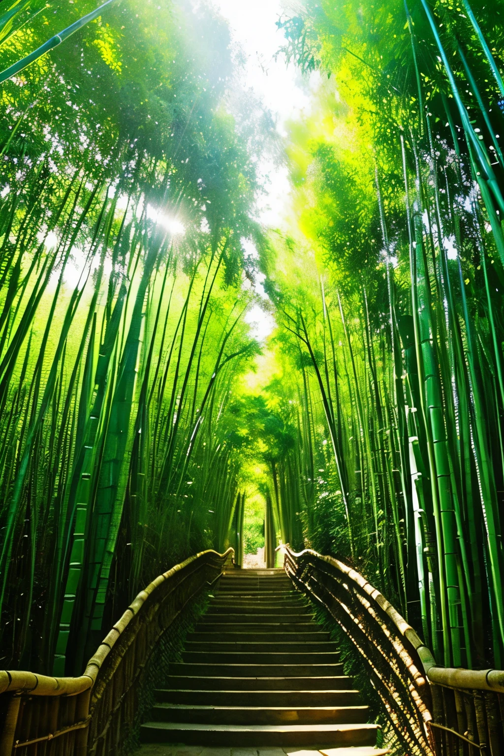 In the bamboo forest、The sunlight filtering through the trees is soft、In front of me is a thick bamboo、