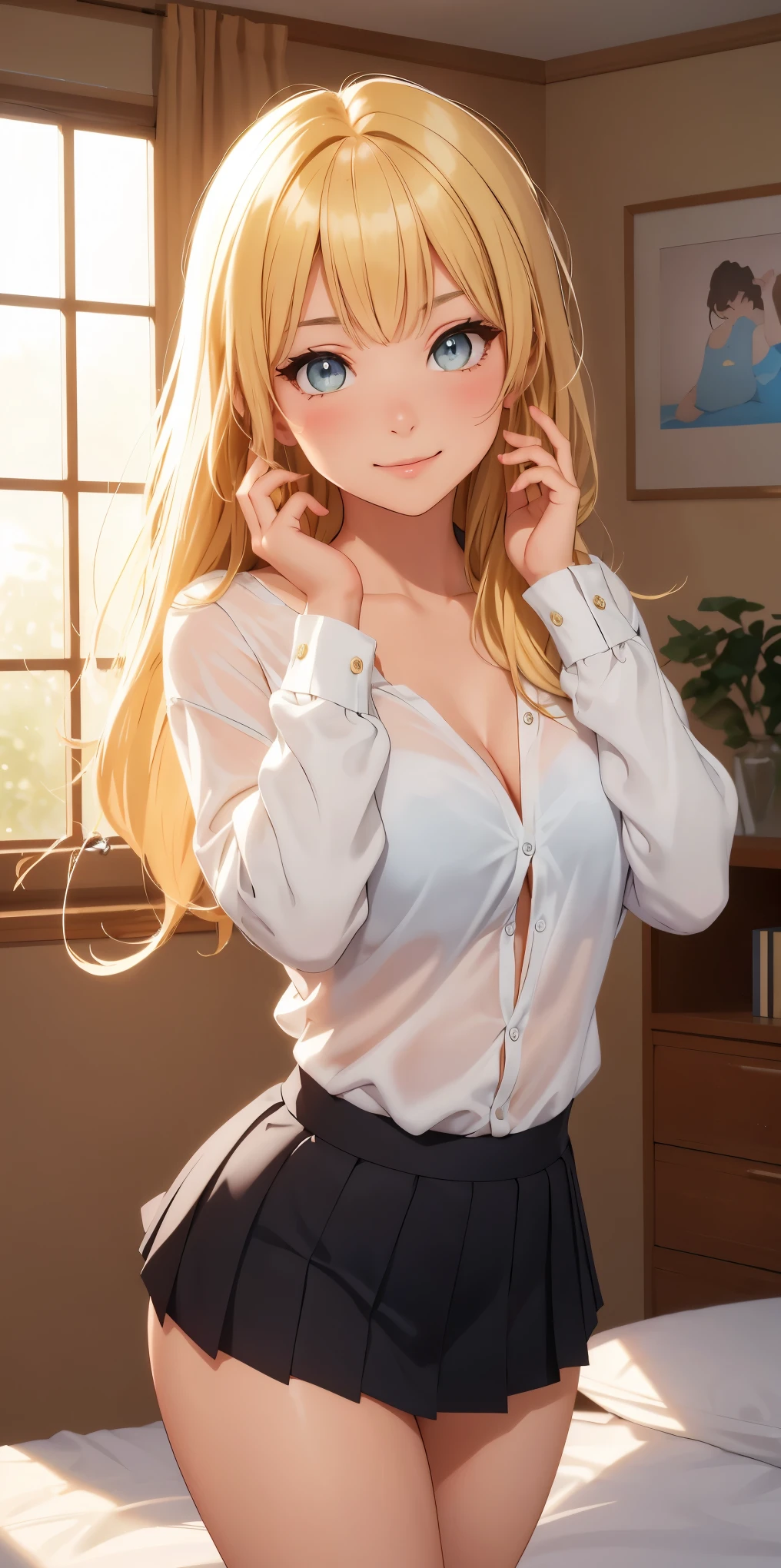 top-quality、Top image quality、masterpiece、girl with((18year old、 Black Y-shirt with open buttons、,White underwear、Best Bust、Bust 85、a blond、disheveled semi-long、Blue eyes、open chest wide、Valley、Happiness、A slender、Straighten your back、Shy face))hiquality、Beautiful Art、Background with((A room with beautiful sunlight))、masutepiece、Elaborate design、visualart