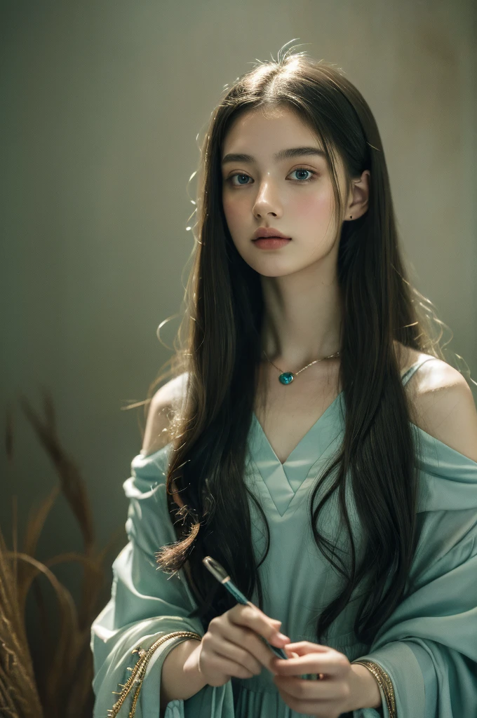 ( masterpiece, top quality, best quality,8k, girl,ultra detailed,raw photo:1.5),(photorealistic:1.4), (cinematic lighting), PerfectNwsjMajic, , Surrealism, UHD, ccurate, Super detail, textured skin, High detail, Best quality, dynamic angle, White skin,[Beautiful blue eyes], high nose,[flat chest:large breasts:0.5],(1girl),(good anatomy:0.5)), Dreamy atmosphere, Dark,expressive brush strokes, mystical ambiance, Artistic interpretation, Stunning Studio Ghibli style costumes, a whimsical illustration, Subtle colors and tones, mystical aura, jewelry ,sparkling,  loose hair 